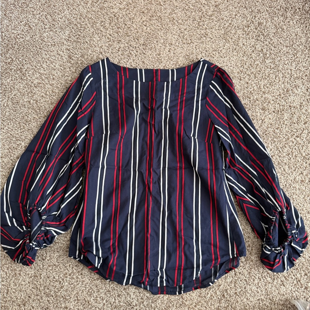 CAbi Navy Blouse with Red & White Vertical Stripes
